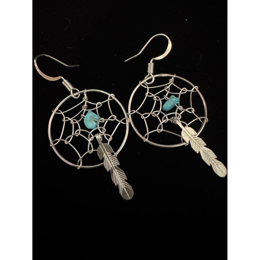 Sterling Silver Dreamcatcher Feather Dangle Earrings with Turquoise Accent